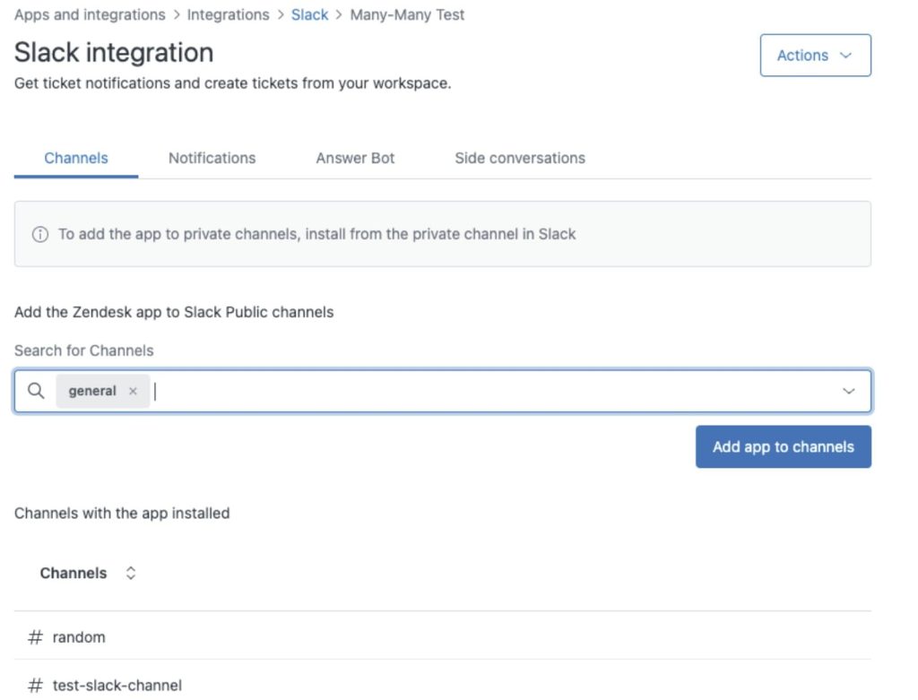 Zendesk Slack integration with multiple channels