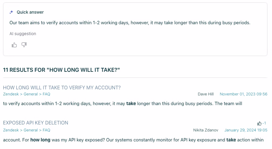 Example of Zendesk Generative AI Search