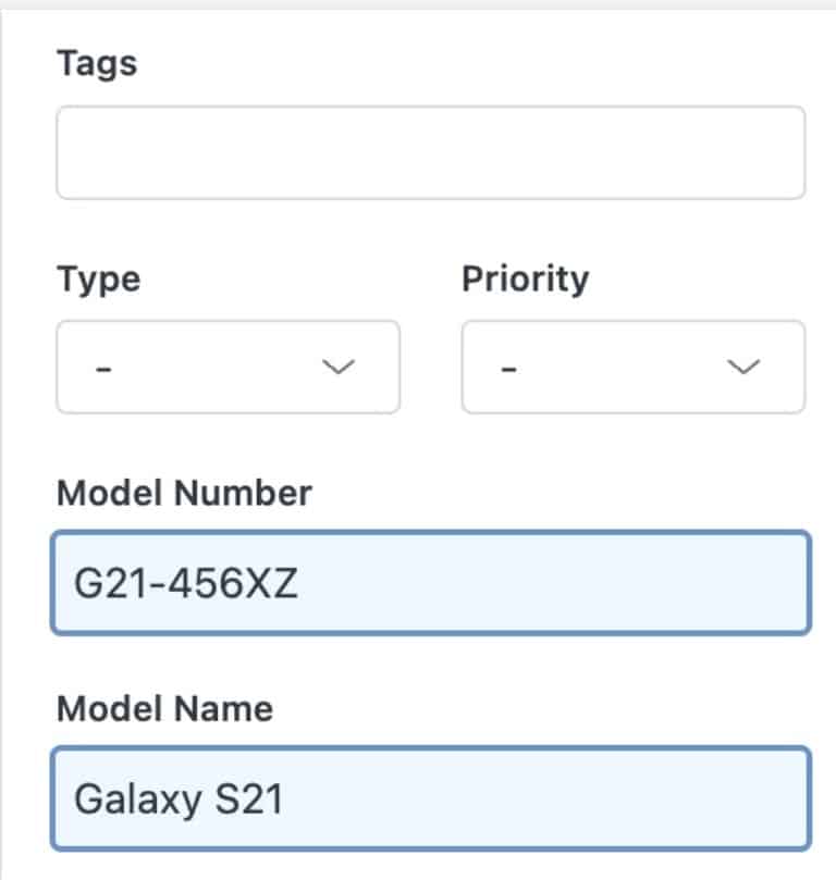 Ticket fields filled in from the email: Model Number and Model Name
