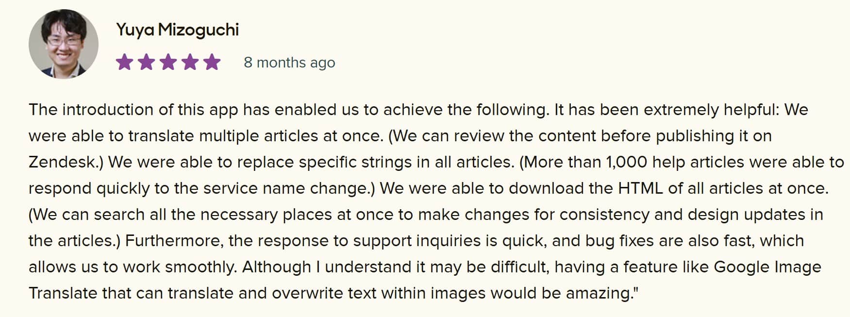 Zendesk Marketplace review by Yuya
