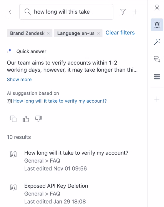 Zendesk Generative AI search in Agent Workspace