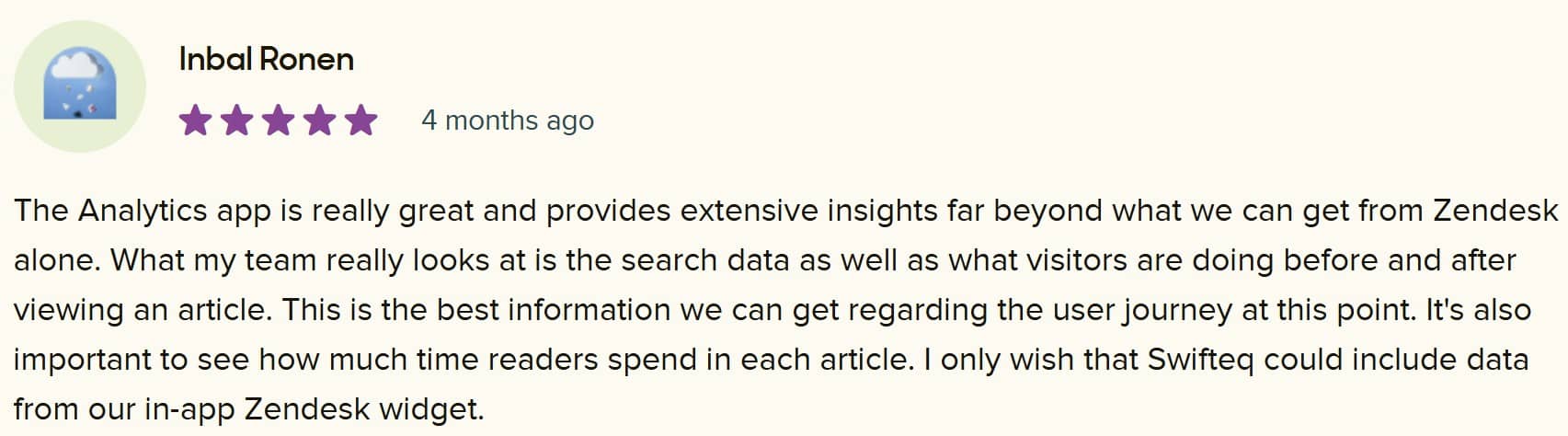 Zendesk Marketplace review by Zendesk Help Center Analytics Inbal