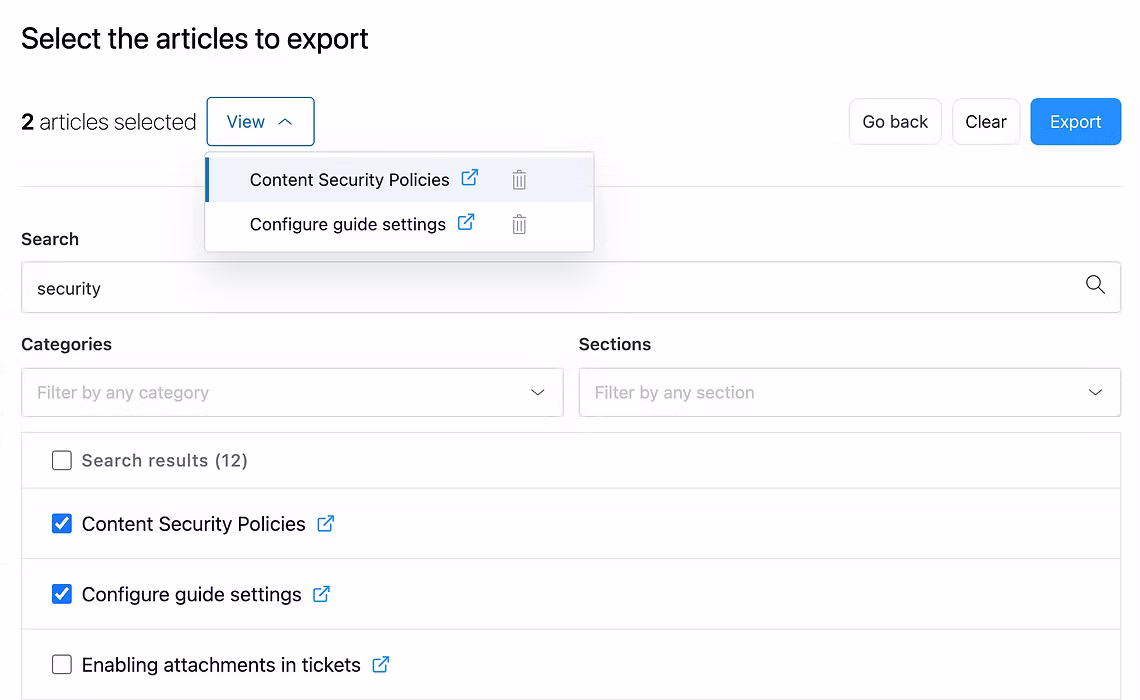 Select Zendesk articles to export