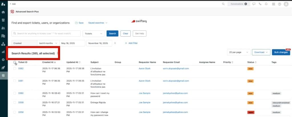 Select tickets in Advanced Search Plus